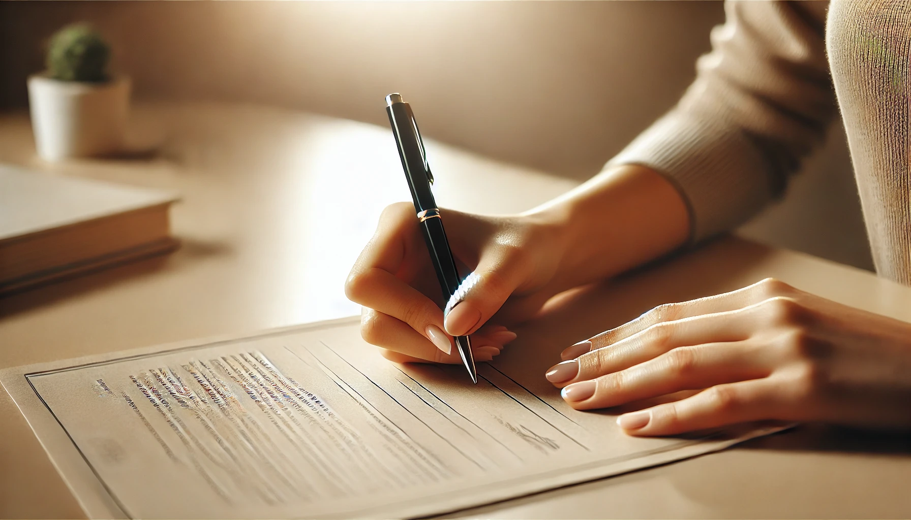 DALL·E 2024-11-23 15.57.59 - A close-up image of a human hand holding a pen, filling out a formal application or contract on a beige-colored desk. The paper features subtle text a